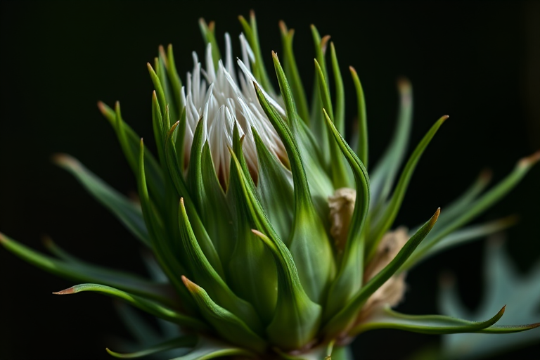 High-resolution close-up of a thistle plant with sharp green spikes and accents, shot with a DSLR camera at f/4.0, ISO 100, 1/200 sec, using macro lens, natural light with a dark background for contrast.