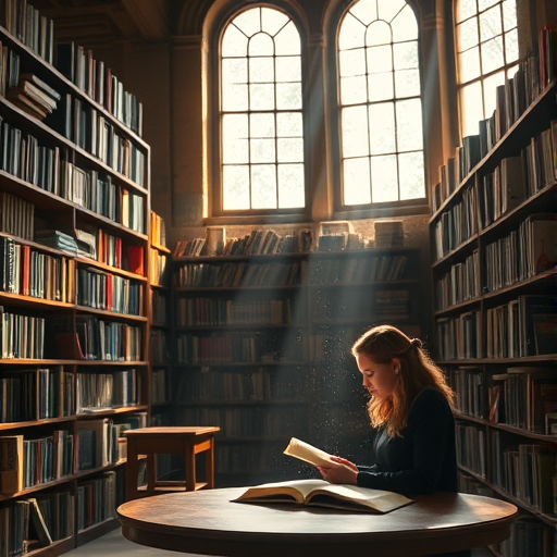 Cozy library filled with shelves of books, a woman lost in a novel at a reading table, sunlight streaming through tall windows, illuminating dust particles in the air.
