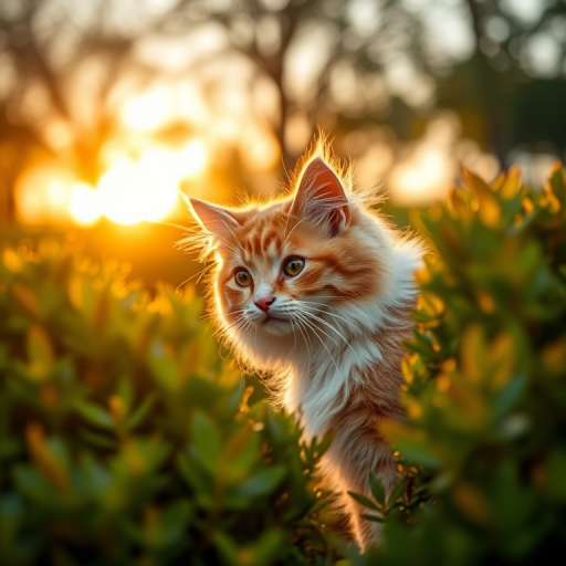 Generate a high-quality image of a fluffy orange and white cat peeking out from behind a bush in a well-lit outdoor setting during golden hour, camera settings: f/2.8, ISO 200, shutter speed 1/100s, camera view: eye-level, camera style: natural light, camera type: DSLR.