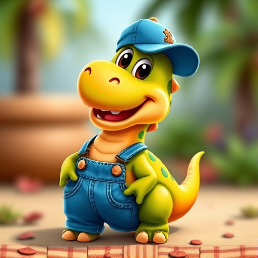 Create a highly detailed, colorful illustration of a cartoon dinosaur in overalls and a cap, smiling happily, in a playful style with bright colors, 8K resolution, using a DSLR camera with a 50mm lens at f/2.8, ISO 100, and a shallow depth of field for a blurred background.