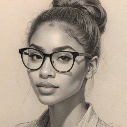 Enticing Paige Hurd, pencil sketch, portrait of Resplendent woman 1979s in glasses, hair style beatnik, outline, clear lines, fine lines, 8k