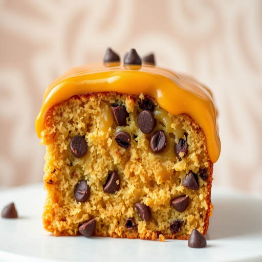 A close-up view of a moist cake with a golden caramel glaze on top showcasing a fluffy texture and chocolate chips throughout the cake. The background features a soft, blurred pattern, emphasizing the cake's delicious appearance.