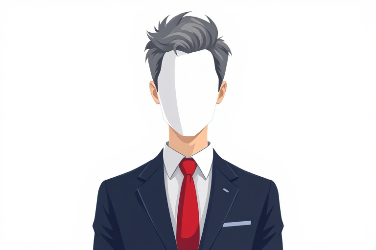 Create a high-resolution vector illustration of a faceless business professional in a suit and red tie, featuring a minimalist design with a gray hairstyle, captured in a digital art style using a 50mm lens setting, balanced aperture of f/8, and vibrant color palette for enhanced clarity and depth.