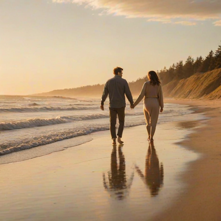 Warmly lit photo of a couple walking hand-in-hand along a quiet beach at sunset, soft golden light reflecting off the water, with distant seagulls flying overhead and gentle waves lapping at the shore.