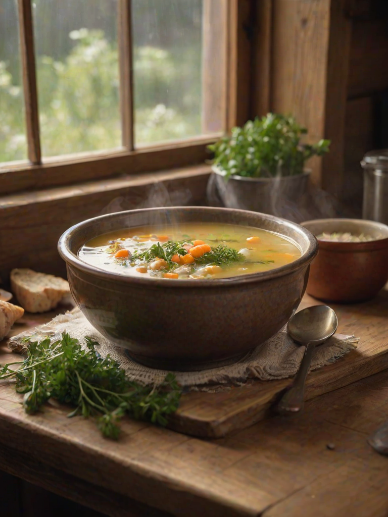 Close-up of a steaming bowl of homemade soup on a wooden table, soft natural light from a nearby window illuminating the rustic kitchen, with fresh herbs scattered nearby and a cozy atmosphere filling the space.