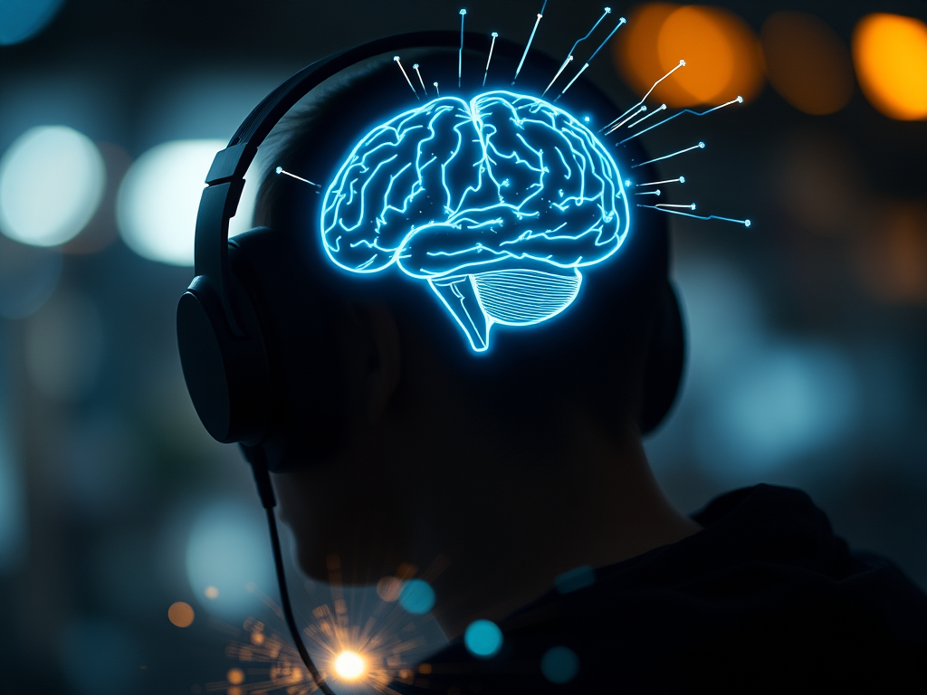 Create an image of a person wearing headphones with a glowing brain, surrounded by digital waves and sparks, using a Canon EOS R5, 50mm lens, f/1.8 aperture, ISO 100, shot in low light with a bokeh effect for enhanced depth and clarity.