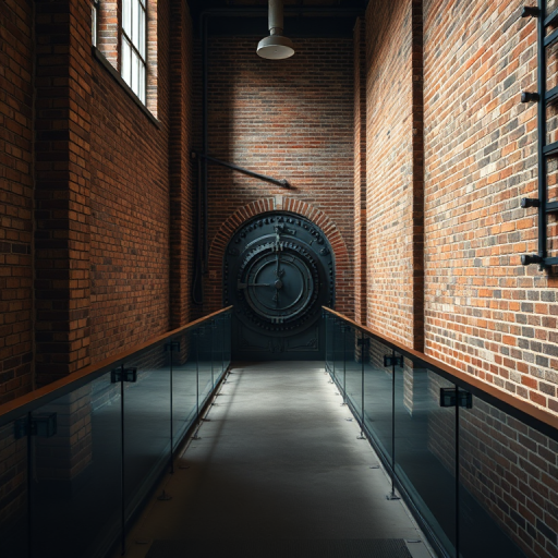 interior of a vintage industrial building featuring a brick wall and a glass walkway leading to an ornate vault door, captured with a Canon EOS R5, 24mm lens, f/8 aperture, ISO 100, natural light, shot from a slightly low angle to emphasize depth and texture
