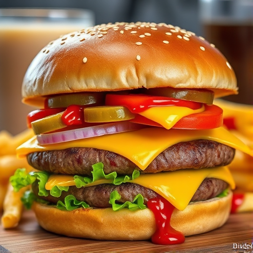 High-resolution, close-up image of a gourmet double cheeseburger. The burger features a glossy, sesame-seed-topped brioche bun. Inside, there are two thick, juicy beef patties, each topped with melted cheddar cheese. The burger is garnished with fresh lettuce, tomato slices, diced onions, and pickles. A generous amount of ketchup and a creamy, orange-colored sauce is dripping down the sides, adding to the mouth-watering appeal. In the background, there are blurred elements including a side of golden French fries and a hint of a beverage, enhancing the overall presentation of a delicious meal.