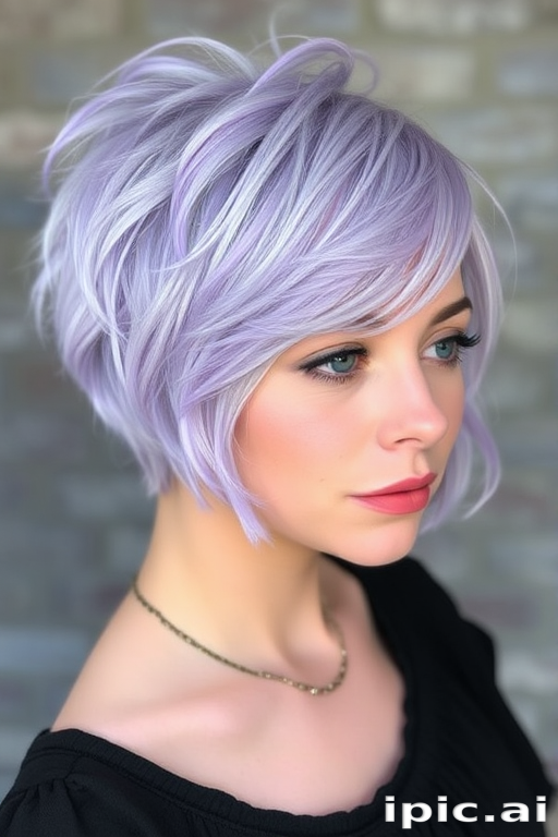 Whimsical lavender pixie cut dubbed "Fairy Whisper" showcases delicate feathered layers and wispy bangs, accented with iridescent highlights for an enchanting effect
