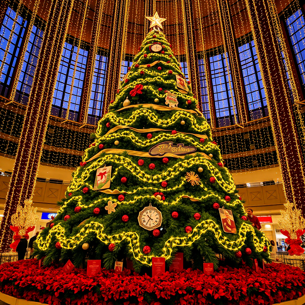 Create an image of a large, illuminated Christmas tree adorned with bright yellow lights in a festive indoor setting. The tree should have multiple tiers and a star on top. Surround the base with vibrant red decorations or flowers, creating a warm and cheerful holiday atmosphere.