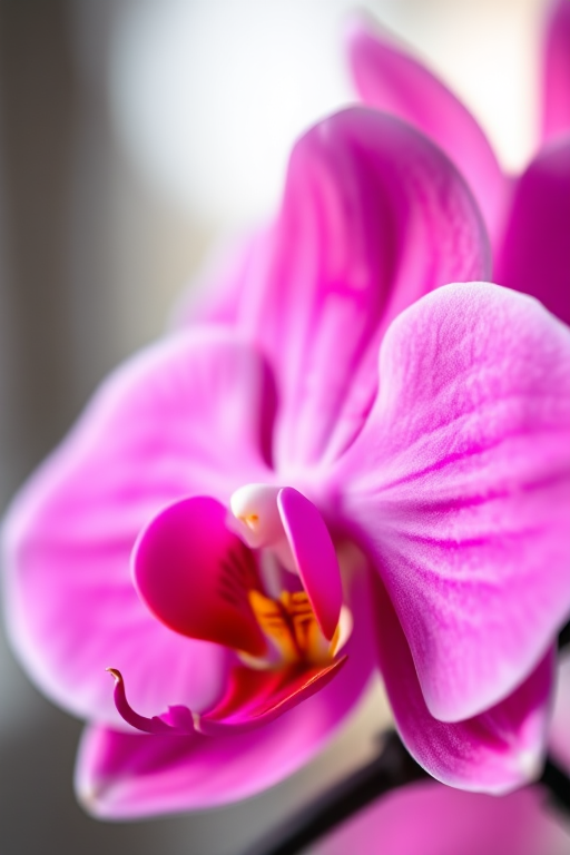 macro shot of a vibrant pink orchid flower with a soft blurred background, ISO 100, f/2.8, shutter speed 1/100 sec, taken with a Canon EOS 5D Mark IV using a 100mm macro lens, natural lighting