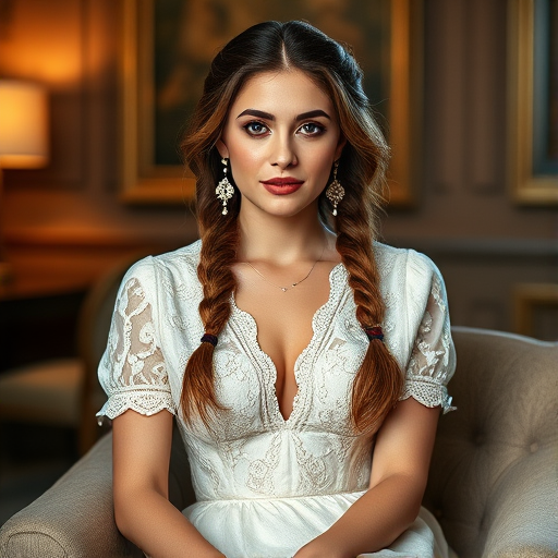Create a portrait of a refined and elegant Ashkenazi woman seated in a sophisticated setting. She has long, wavy hair styled in two thick braids that are pulled over her shoulders. She wears a white, lace gown with intricate patterns, featuring a deep V-neckline and short sleeves. The dress exudes a vintage charm with its delicate lacework. She is adorned with ornate, dangling earrings that add a touch of glamour to her appearance. The background is softly lit, with warm, ambient lighting that creates a cozy and inviting atmosphere. Her expression is poised and serene, capturing a sense of grace and elegance.