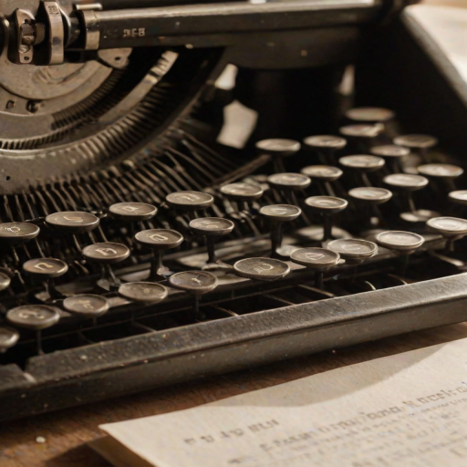 Close-up of an old typewriter, a sheet of paper midway through with the first few typed words visible, soft sunlight illuminating the worn keys and a half-empty cup of coffee nearby.