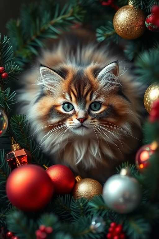 A cozy holiday scene featuring a fluffy cat surrounded by pine branches and decorative ornaments, captured with a shallow depth of field, 50mm lens, f/1.8 aperture, ISO 200, natural lighting, top-down view, DSLR camera.