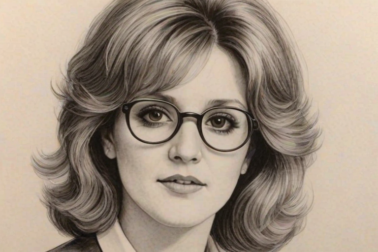 Dazzling Brenda Vaccaro, pencil sketch, portrait of Fascinating woman 1978s in glasses, hair style beatnik, outline, clear lines, fine lines, 8k