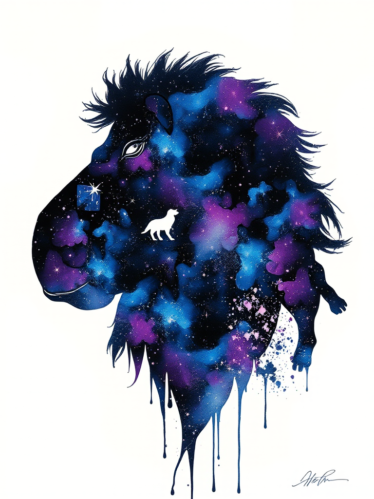 Captivating conceptual render alcohol ink art, double exposure, the paint strokes artfully merge combining a woman's full silhouette with a Lounging hippo's silhouette. The figures are composed of a series of colored dots, lines & spots that evoke the image of a cosmic galaxy, colors are deep shades of blue purple & black with flashes of white & silver representing distant stars. The woman's silhouette is formed within the lion's silhouette from constellations of scattered stars, surreal