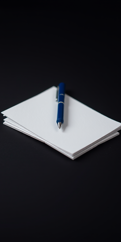 Photograph of a blue and red pen placed diagonally on a stack of two sheets of white paper on a dark background, using a DSLR camera, aperture f/2.8, shutter speed 1/125s, ISO 100, with a soft focus effect to enhance colors and details.