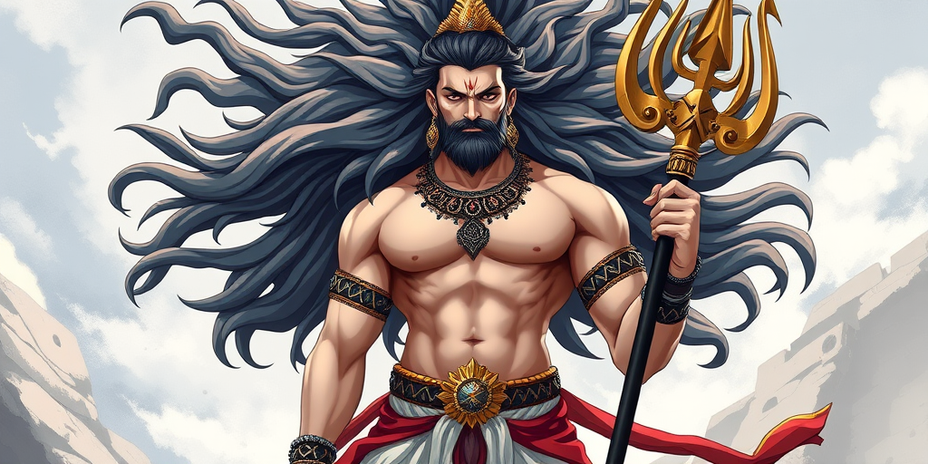 Create a high-resolution digital illustration of a muscular deity figure standing confidently with a trident, detailed flowing hair, ornate clothing, and a serene expression, using a DSLR camera with a 50mm lens, f/1.8 aperture, ISO 100, and natural lighting for enhanced shadows and highlights.