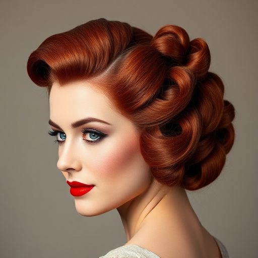 Rich mahogany red hair in a classic 1940s victory roll updo, Vintage Vixen style, featuring glossy waves and perfectly coiffed rolls for timeless glamour