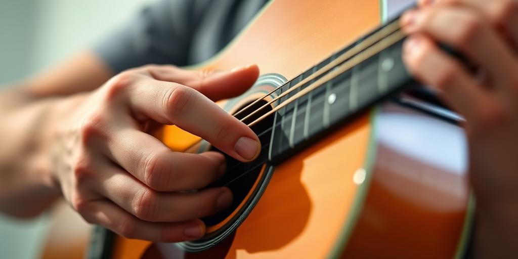 Close-up of a hand playing an acoustic guitar, soft natural lighting, shallow depth of field, taken with a DSLR camera at f/2.8, 50mm lens, ISO 100, vibrant colors, focus on strings and fingertips.