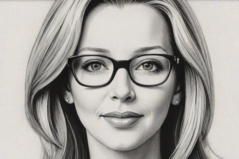 Fetching Lisa Kudrow, pencil sketch, portrait of Alluring woman 1966s in glasses, hair style beatnik, outline, clear lines, fine lines, 8k