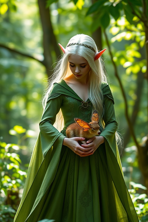 A serene forest scene featuring an ethereal elf with long white hair and pointed ears wearing a flowing green gown with intricate details, cradling a small, magical deer with butterfly wings, dappled sunlight filtering through lush green leaves, shot with a DSLR camera at f/1.8, ISO 100, 50mm lens, focusing on the elf while softening the background for a dreamy effect.