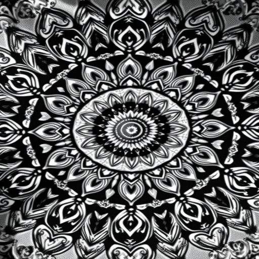 create a highly detailed black and white mandala with intricate patterns and sharp contrast, using a Canon EOS R5 camera with a 50mm f/1.8 lens, set at ISO 100, aperture f/11, and a shutter speed of 1/125s, capturing a top-down view with natural lighting for optimal clarity and depth.