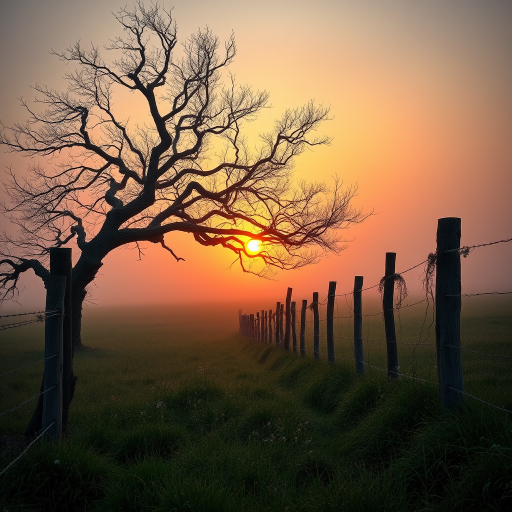 A serene countryside landscape at dawn, with a misty orange glow filling the air. The sun rises behind a large twisted and gnarled bare tree, casting a warm light over the scene. A rustic wooden fence, weathered and overgrown with vines and delicate wildflowers along the fence line, stretches into the distance, dividing a grassy field that fades into the fog. The grass is dew-kissed and shimmering, and there's a touch of mist rising from the ground. The sky gradually fades into darker shades as it reaches higher, enhancing the peaceful, dreamlike dark fantasy atmosphere