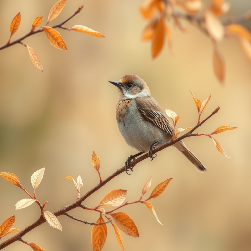 Regenerate a detailed illustration of a stylized bird perched on a branch with delicate leaves in soft earthy tones, utilize a Canon EOS R5 camera at f/8 aperture, with a 50mm lens, in natural light for enhanced clarity and texture.