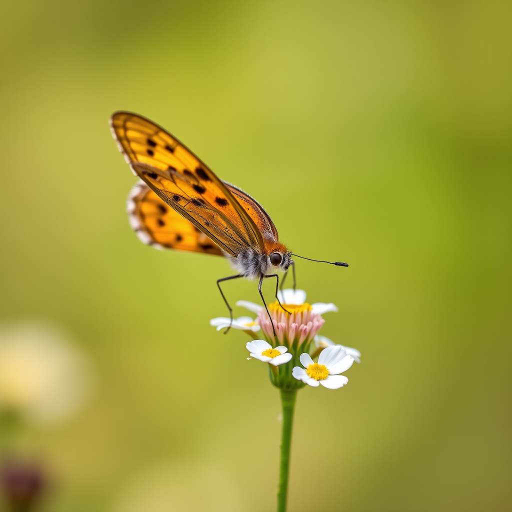 macro photograph of a butterfly perched on a small flower with a blurred background, f/2.8 aperture, ISO 200, 1/100s shutter speed, 100mm lens, taken with a mirrorless camera at eye level for enhanced detail and clarity