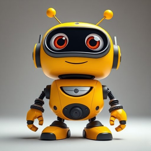Create a 3D cartoon-style character of a friendly yellow robot with large expressive eyes, smiling mouth, and a fun design, captured with a Canon EOS R5 at f/2.8, ISO 100, in a softbox-lit studio setting, with a slight low-angle view for emphasis.
