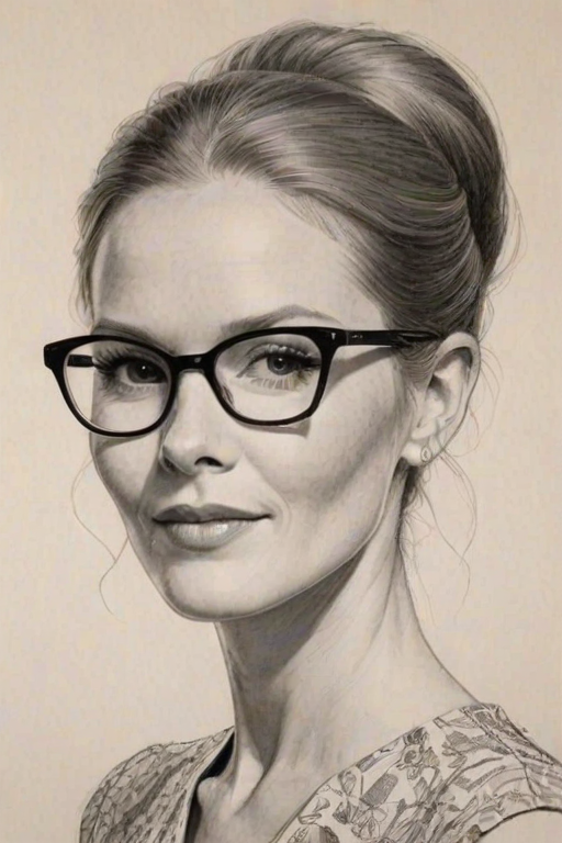 Lovely Darby Stanchfield, pencil sketch, portrait of Beauteous woman 1957s in glasses, hair style beatnik, outline, clear lines, fine lines, 8k