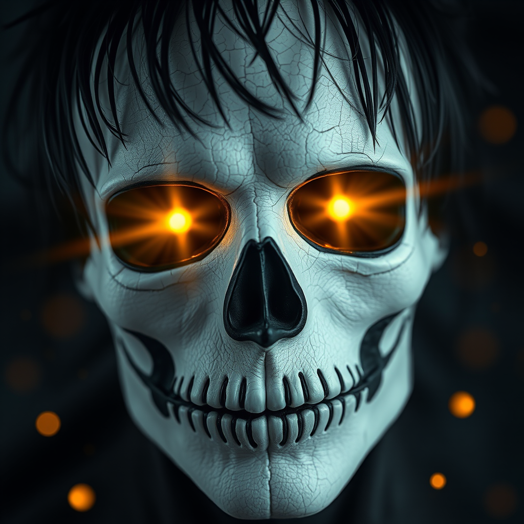 Create image featuring a close-up of a face painted like a skull. The skin is predominantly white with textured, cracked paint. The eye sockets are painted black, blending into the natural shadows of the eyes, creating a deep, hollow look. Bright, intense golden-yellow lights radiate from the eyes, casting a warm glow that contrasts with the cold, esoteric background. The nose is painted black in the shape of a spade. The mouth area features black lines extending from the corners, resembling a stitched effect. The face has sporadic black hair strands that frame it dramatically, adding to the eerie yet captivating feel. The background is blurred and dark, enhancing the focus on the face. Small, glowing orange embers are scattered sporadically across the image, contributing to the mysterious and magical atmosphere. The overall style is hyper-realistic with an emphasis on the contrast between light and dark elements, giving it an almost supernatural