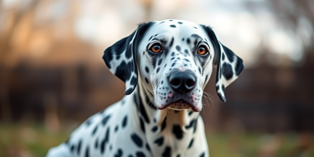 Capture a close-up of a Dalmatian dog sitting outdoors with a soft focus background, using a DSLR camera at f/2.8 aperture, ISO 200, and shutter speed of 1/400s, natural lighting, and a 50mm lens for sharp detail and rich colors.