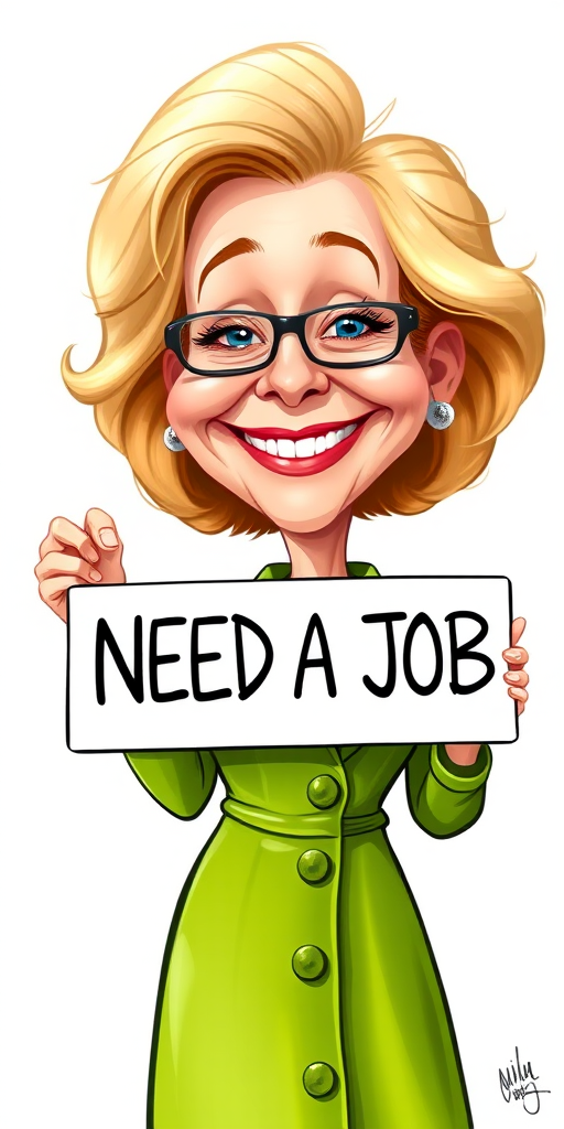 caricature of a smiling Maggie Smith in a Asparagus dress or suit, holding up a sign that says "NEED A JOB", no watermark,