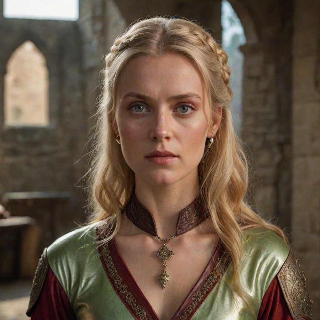 Woman with blonde hair, serious look, very light green-yellow eyes, warm side light, metallic pendant, very ornamental red leather clothes, medieval castle interior background