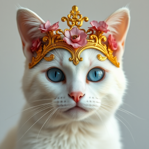 Create a highly detailed, surreal portrait of a white cat with an ornate golden mask adorned with flowers, featuring vivid blue eyes, captured in a studio setting using a Canon EOS R5 at f/1.8, ISO 100, 50mm lens, soft diffused lighting for enhanced depth and clarity.