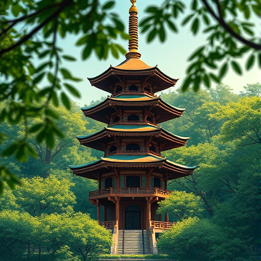 Create a detailed digital illustration of a multi-tiered pagoda surrounded by lush greenery, capturing intricate architectural details and soft shadows, shot with a Canon EOS R5, 35mm lens, f/8 aperture, ISO 100, and a shallow depth of field for enhanced image quality.