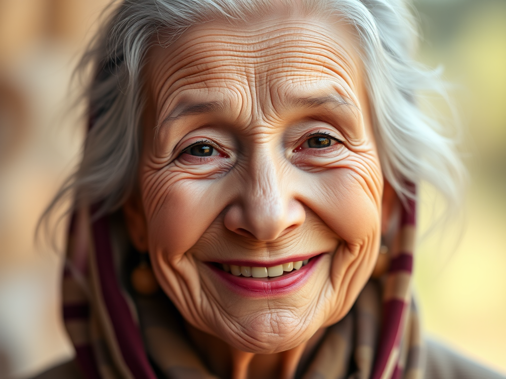 Generate a detailed portrait of a smiling elderly woman with soft lines and gentle expression, shot with a Canon EOS R5 at 85mm, f/1.8, ISO 100, natural lighting, shallow depth of field for a soft background blur.
