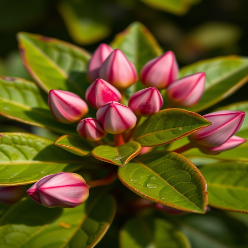 Capture a close-up of pink buds nestled among vibrant green leaves with a shallow depth of field, using a DSLR camera with a 50mm lens at f/2.8, ISO 200, and a shutter speed of 1/250 sec, natural lighting.