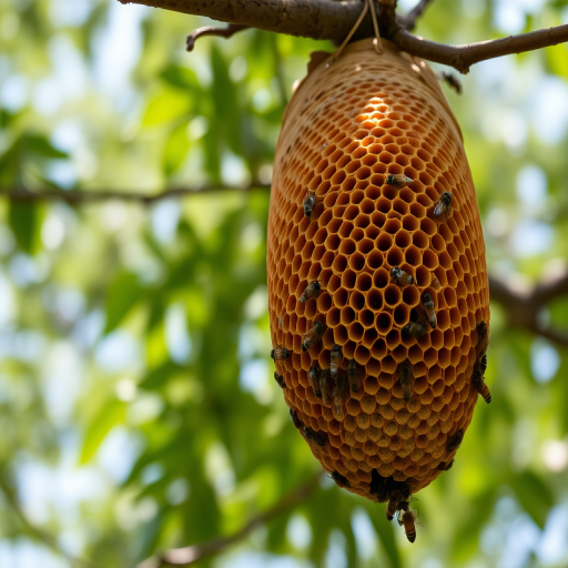 close-up shot of a beehive hanging from a tree branch with green foliage in the background, shot at f/2.8 aperture, shutter speed 1/250s, ISO 200, 50mm lens, using a DSLR camera with natural lighting