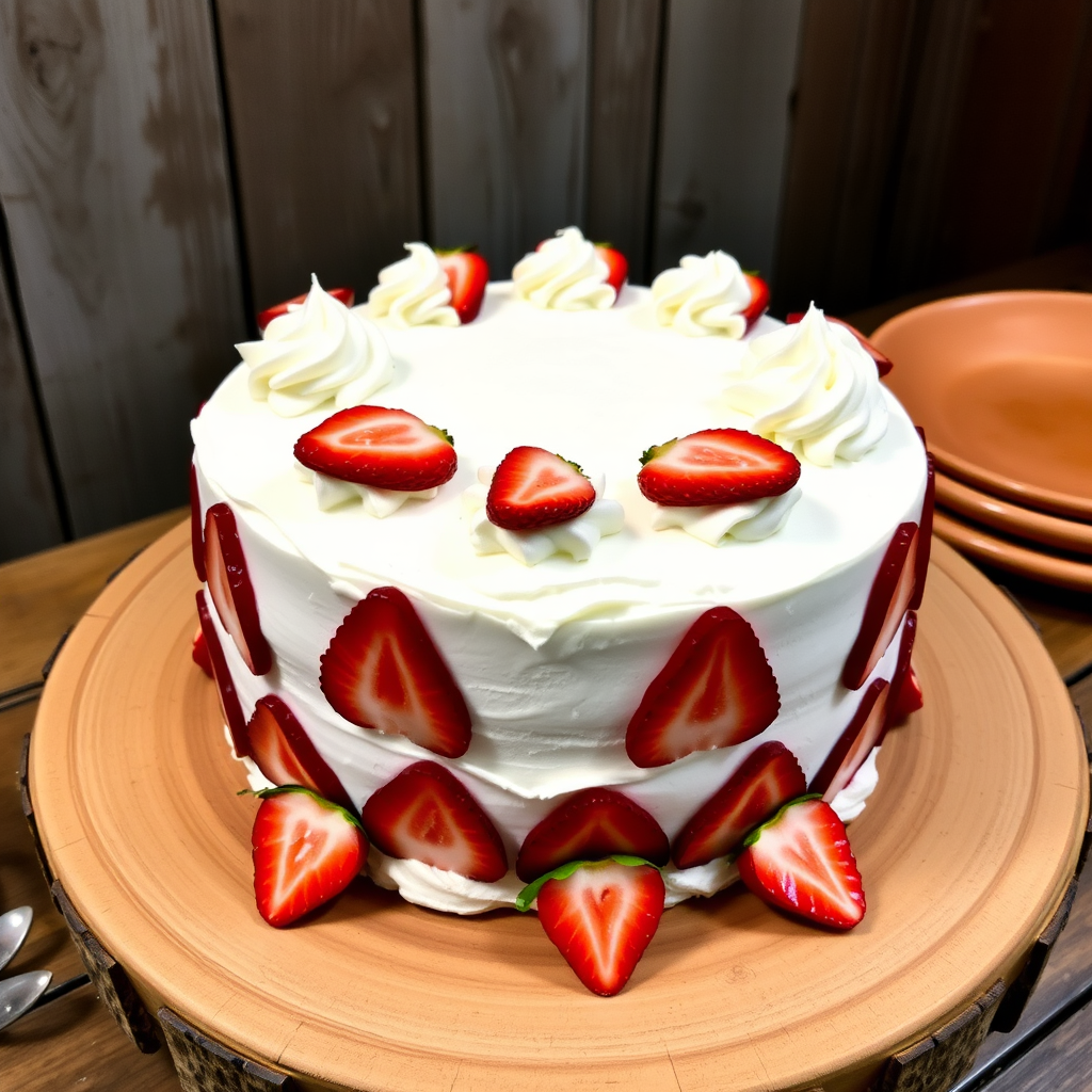A round white cake decorated with whipped cream rosettes and fresh strawberry slices on top and around the bottom, displayed on a wooden cake stand with a rustic background.