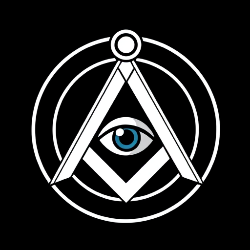 Generate a high-resolution vector graphic of a Masonic emblem featuring a compass and square with an eye in the center, using a black background, captured with a DSLR camera at f/2.8, ISO 100, 1/200s, in a close-up view with a clean, minimalist style.