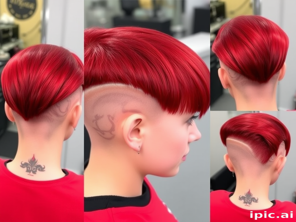 Bold crimson undercut called Scarlet Blaze combining sleek straight lengths on top with closely cropped sides and nape revealing intricate flame-inspired designs shaved into the shorter areas