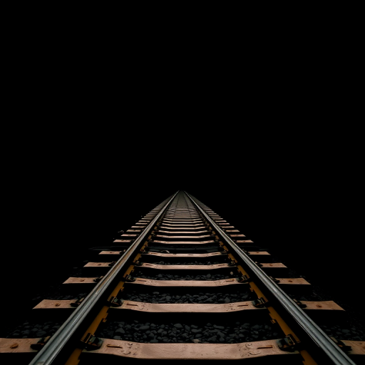 Capture a striking image of railroad tracks extending into the distance, set against a stark black background, using a DSLR camera with a 50mm lens, aperture set to f/8 for depth of field, ISO 100 for clarity, shot from a low angle to emphasize perspective, and a long exposure of 1/30 second to capture movement.