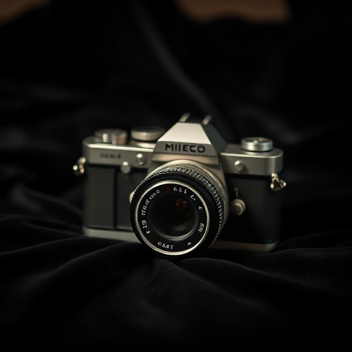 Capture a vintage camera on a black velvet surface with soft, diffused lighting, aperture f/2.8, ISO 100, shutter speed 1/60s, 50mm lens, shallow depth of field, and a slight tilt angle for an artistic perspective.