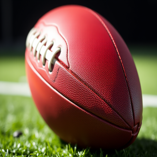 Create a high-resolution image of an American football with a glossy finish, captured at an angle of 30 degrees using a DSLR camera with a 50mm lens, aperture set to f/2.8, ISO 100, and a wide dynamic range to enhance color vibrancy and detail.