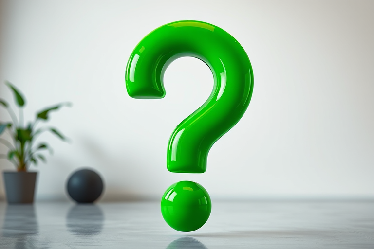 Create a high-resolution image of a large green question mark with a glossy finish, captured with a Canon EOS R5 at f/2.8, ISO 100, 1/60 sec, in a well-lit studio setting, using a shallow depth of field to blur the background.