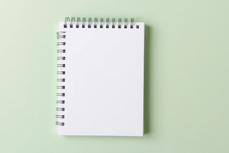Create an image of a blank notepad with a light green background and spiral binding, taken with a DSLR camera at f/8 aperture, 50mm lens, 1/125s shutter speed, in natural light for enhanced detail and clarity.