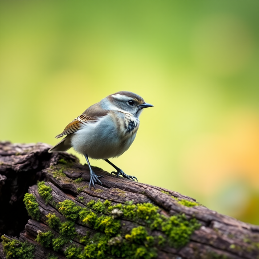 Capture a detailed image of a bird perched on a mossy log with a soft blurred background, using a Canon EOS 7D Mark II, 200mm lens, f/4 aperture, ISO 200, 1/500 sec shutter speed, with a shallow depth of field to emphasize the bird while softly blurring the surroundings.